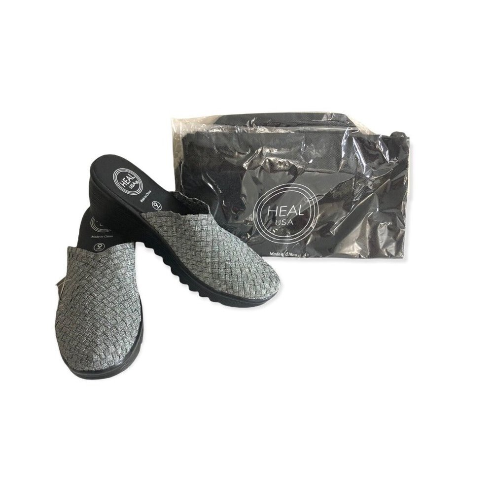 HEAL USA Women's Angel Round-Toe Slip-On Wedge Heel Mule‎ Silver US 9 NEW